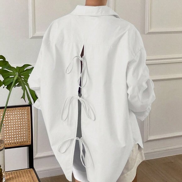 White Casual Women's Loose Long Sleeve Shirt With Collar - Picture 5 of 6